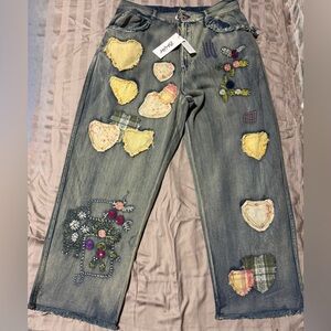 Patchwork Straight Leg Jeans with Heart Accents